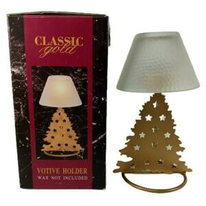 Gold Tone Metal Christmas Tree Shape Votive Tealight Candle Holder Frosted Shade